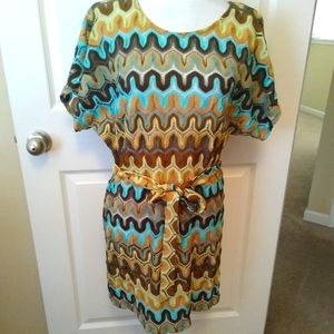 RDP crochet belted dress, green/brown. Medium